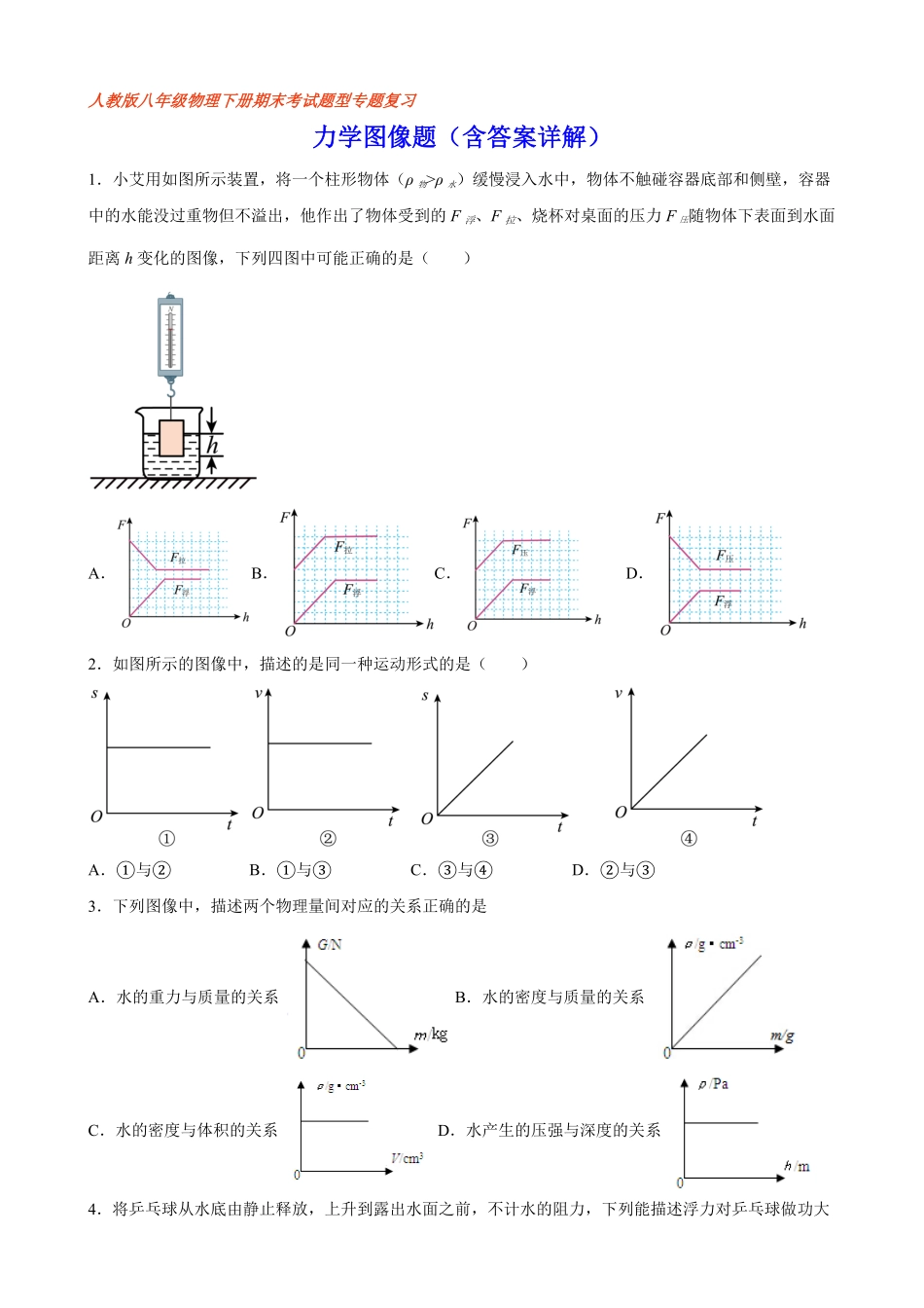 部编物理八年级下册力学图像题（含答案详解含答案.pdf_第1页