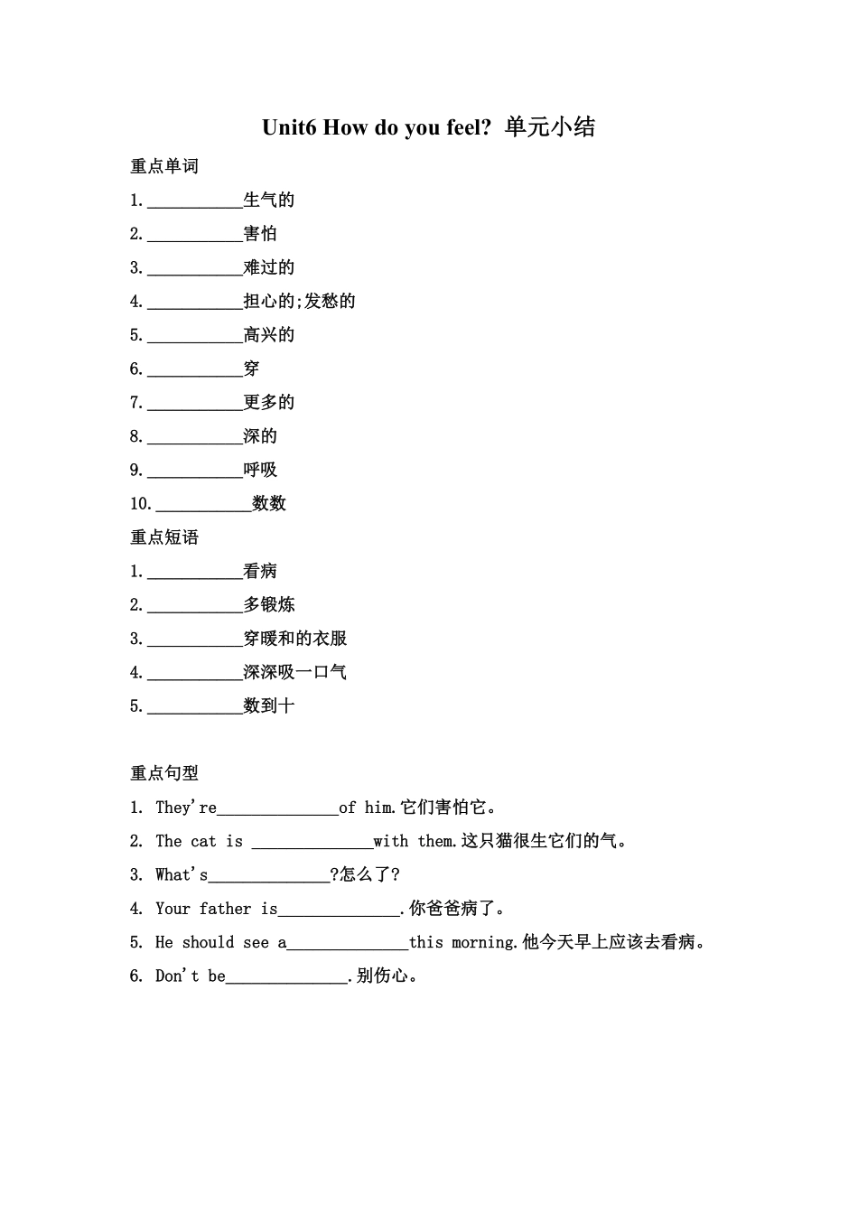 （含答案解析【词汇、句式、语法】六年级上册英语单元知识点归纳总结-Unit6Howdoyoufeel人教PEP.pdf_第1页