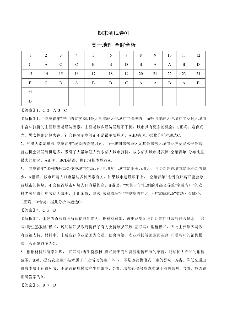 高一地理下学期期末测试卷（人教版201901（全解全析含答案.pdf_第1页