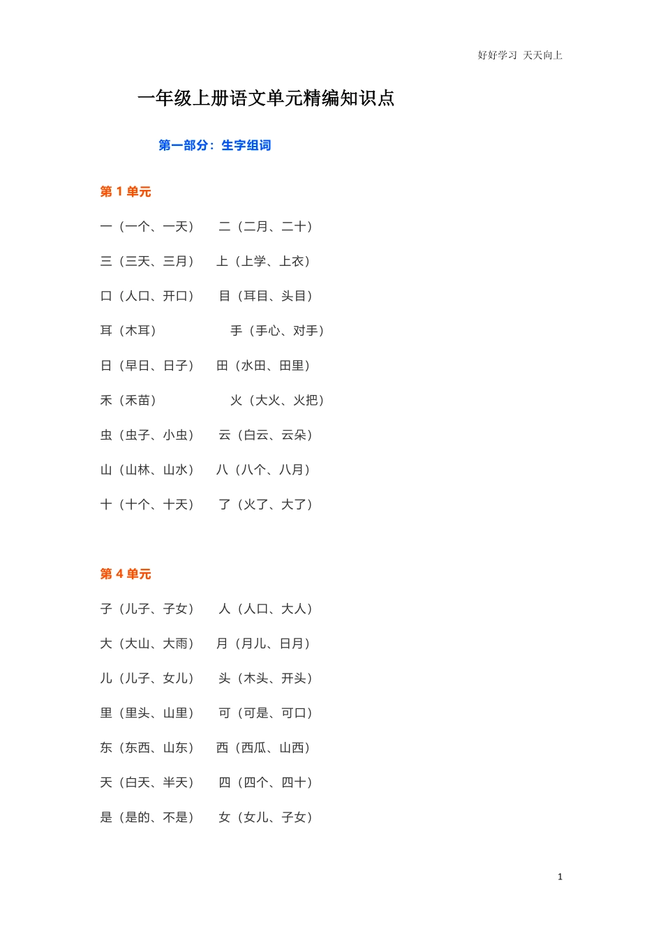 一年级上册语文各单元精编知识点.pdf_第1页
