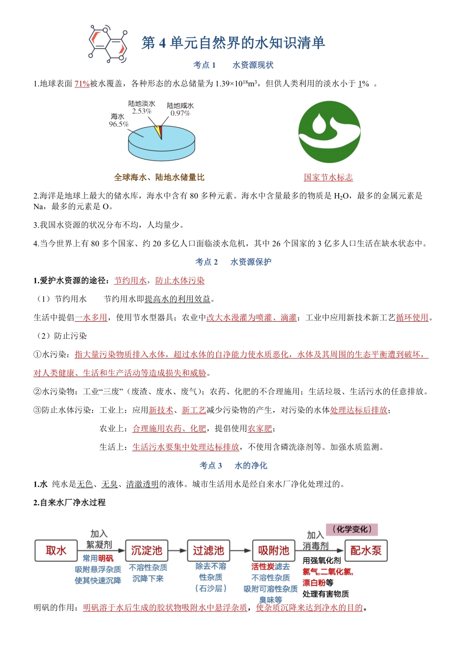 第四单元自然界的水九年级化学上册单元复习知识清单含答案.pdf_第1页