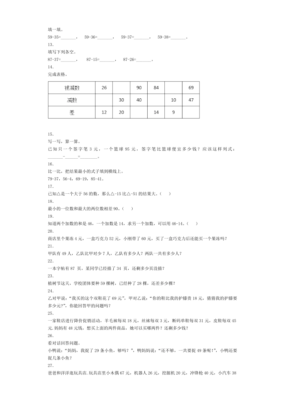 人教版数学二年级上册同步练习-不退位减（人教版测试试卷含答案.pdf_第2页