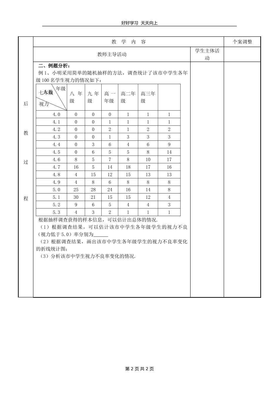 九年级数学苏科版下册第八单元《8.1中学生的视力情况调查》教学设计教案2.doc_第2页