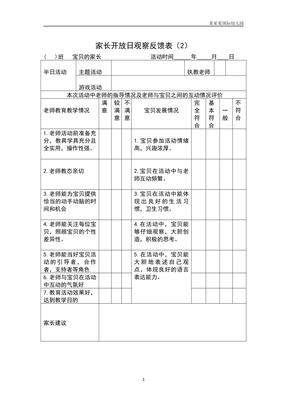 幼儿园常用表格-家长开放日观察反馈表2附-日常工作管理及绩效考核细则.docx_第1页