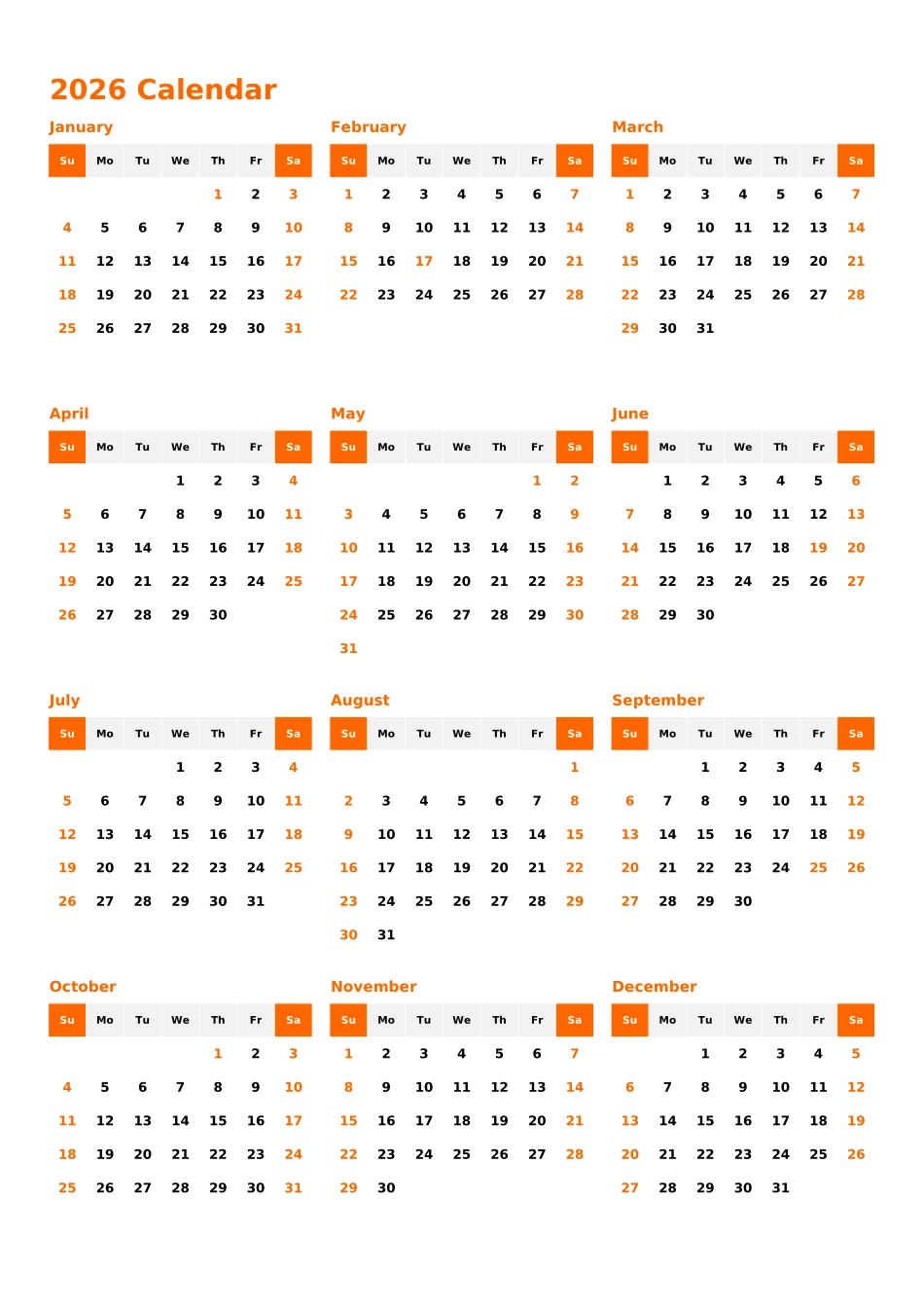日历表2026年日历英文版纵向排版周日开始带节假日调休安排1.xlsx_第1页