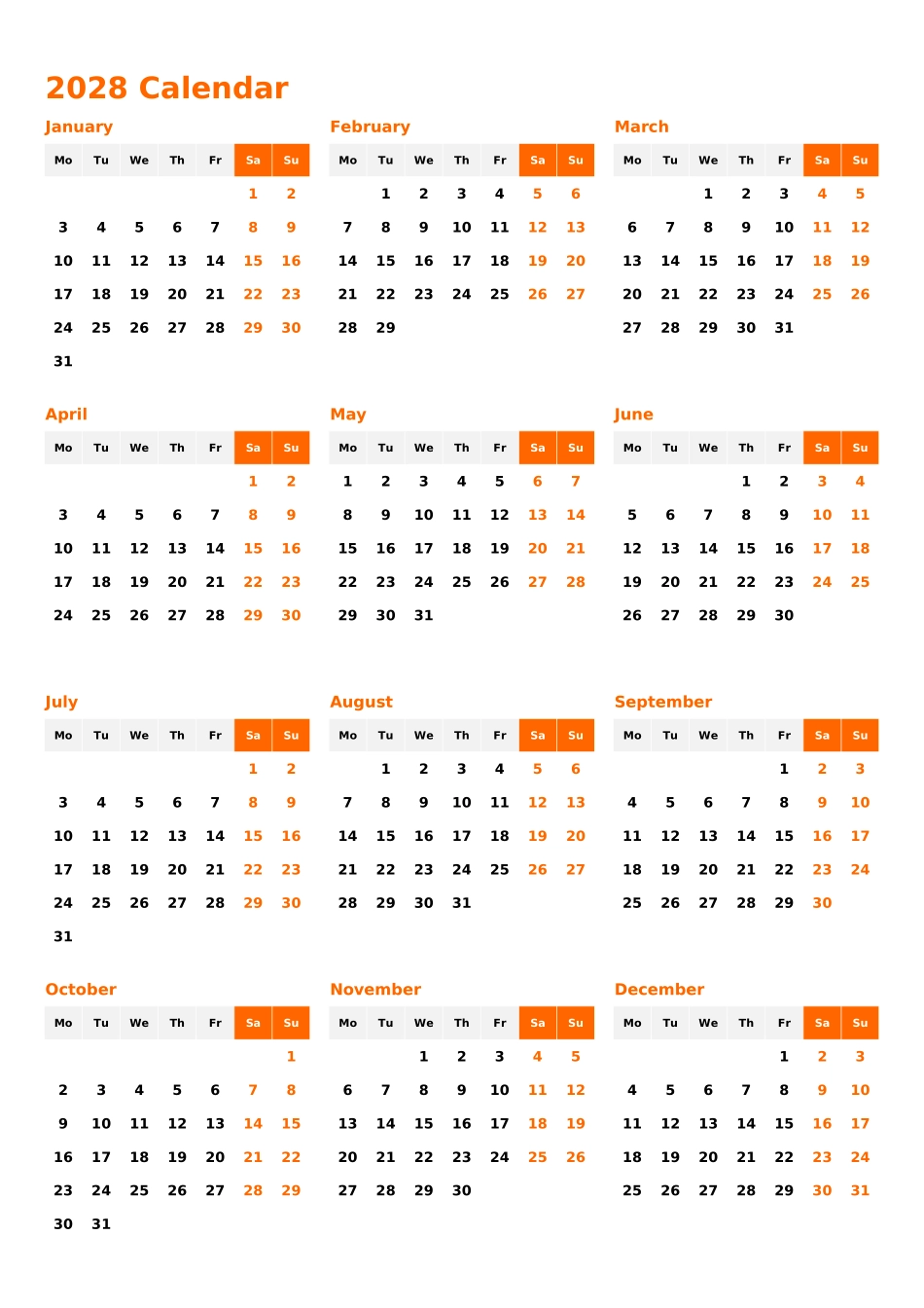 日历表2028年日历英文版纵向排版周一开始2.xlsx_第1页