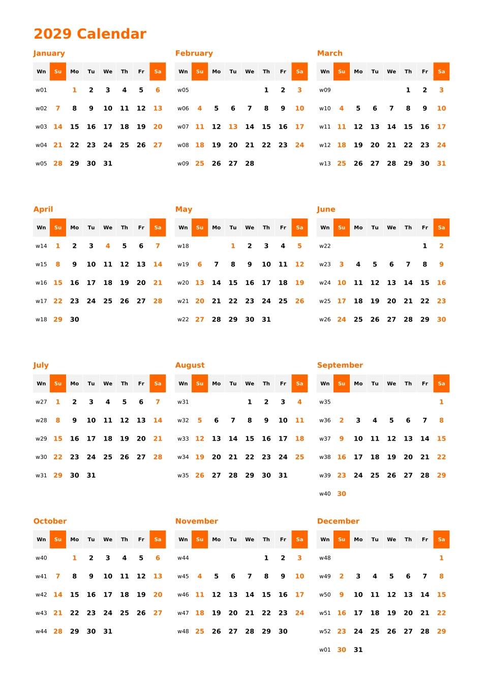 日历表2029年日历英文版纵向排版周日开始带周数带节假日调休安排1.xlsx_第1页