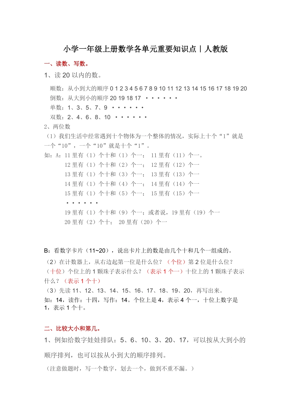 2024版新教材重要知识点知识清单一年级上册数学人教版.pdf_第1页