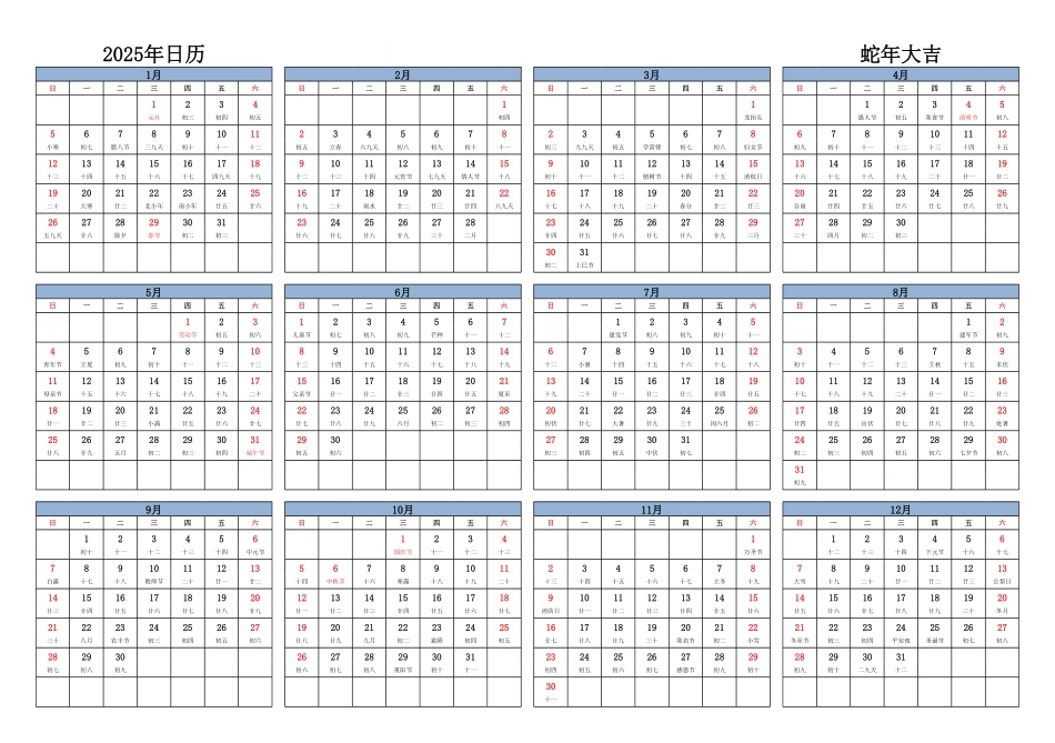 2025年日历 中文版 横向排版 周日开始 带农历 带节假日调休.pdf_第1页