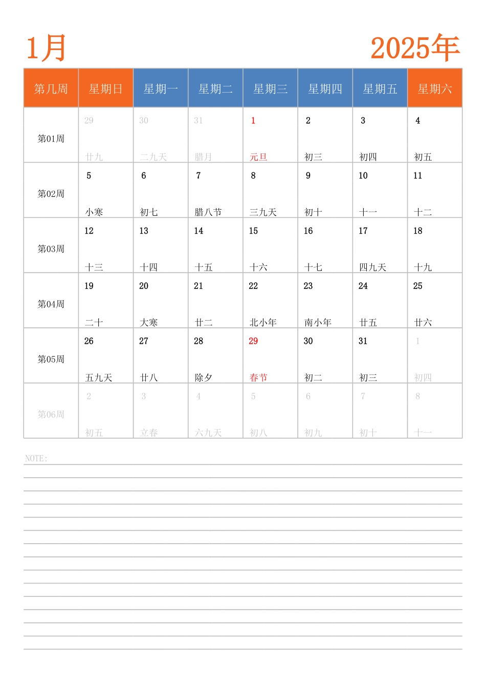 2025年日历台历 中文版 纵向排版 带周数 周日开始(2).pdf_第1页