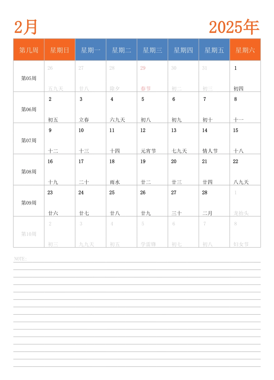2025年日历台历 中文版 纵向排版 带周数 周日开始(2).pdf_第2页