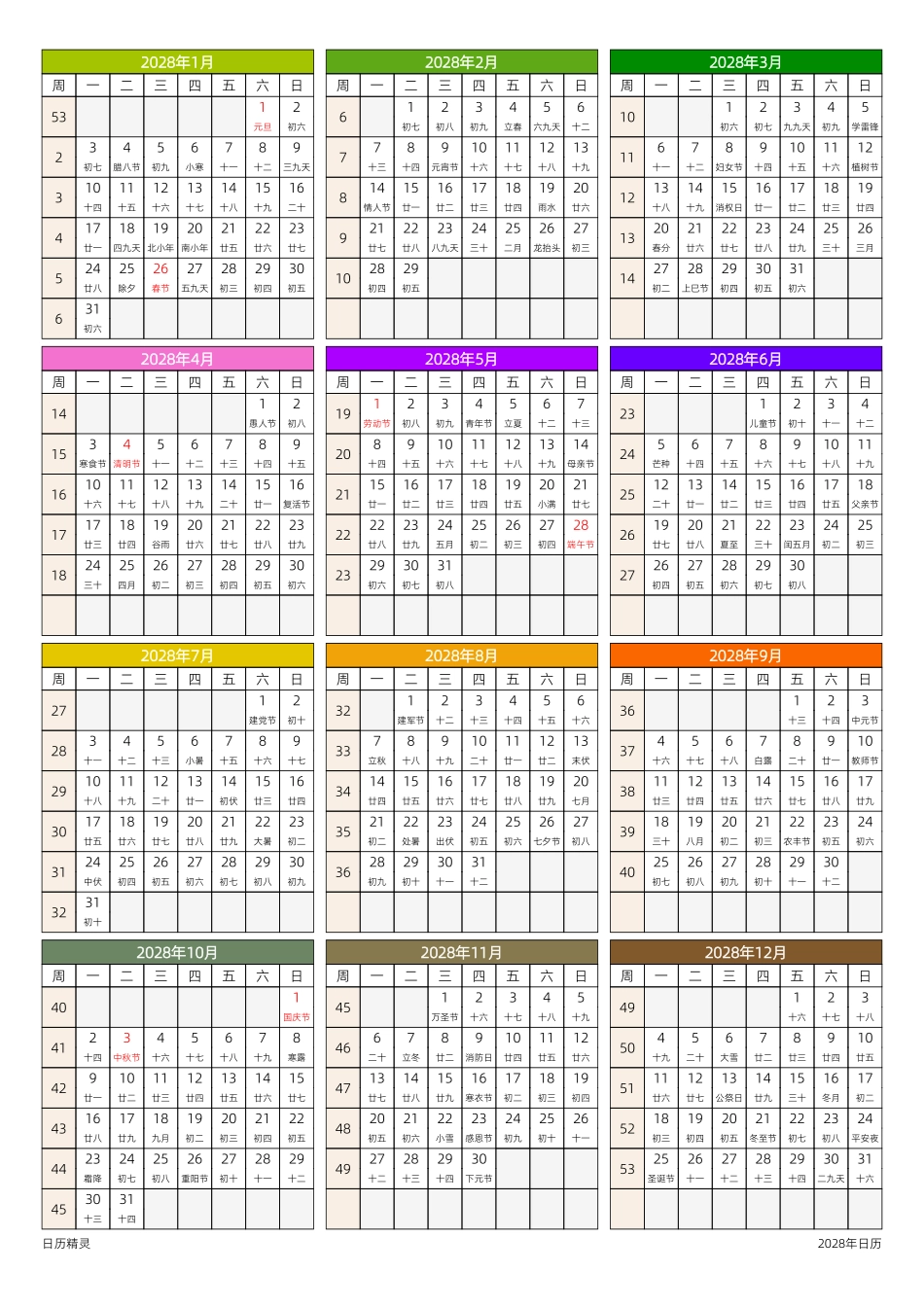 2028年日历年历月历周历日历四合一全年日历星期一开始带农历节假日调休.pdf_第2页
