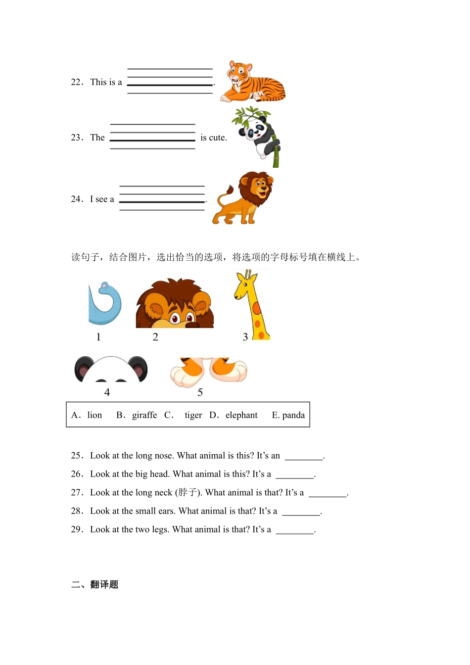 Unit 3 Amazing animals 题型专练 02选词填空+翻译—人教PEP版202测试练习试卷含答案.pdf_第3页