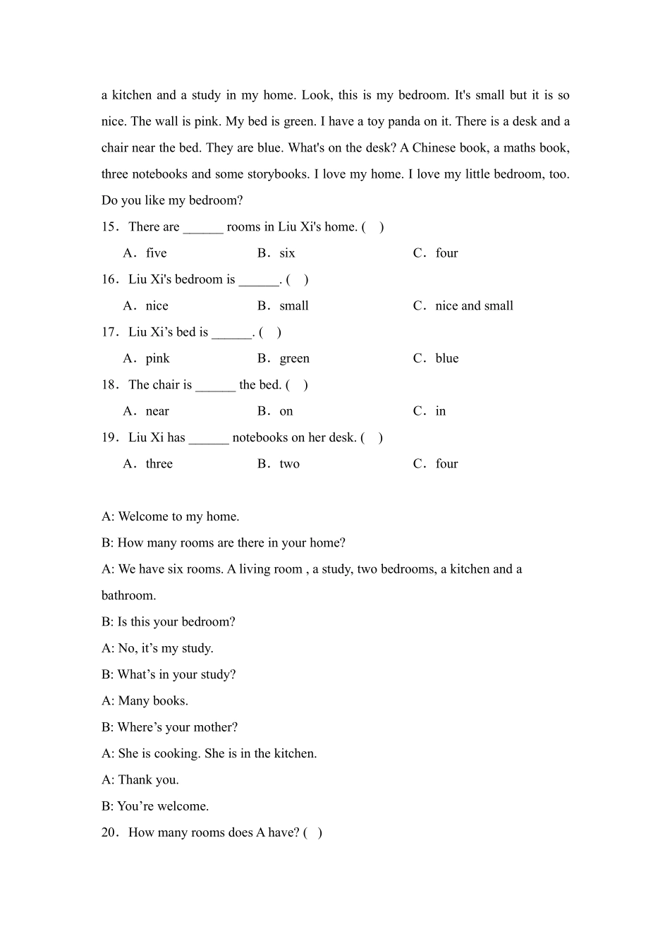 Unit4Myhome题型专练阅读理解人教PEP版英语四年级上册含答案1.pdf_第3页