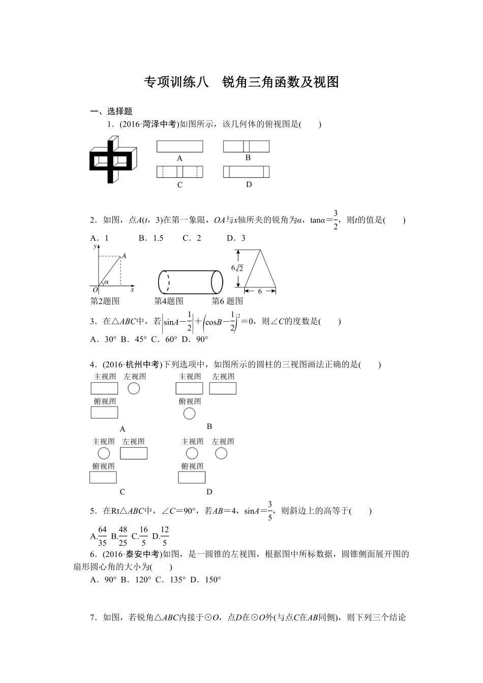 部编数学九年级下册专项训练八 锐角三角函数及视图含答案.pdf_第1页