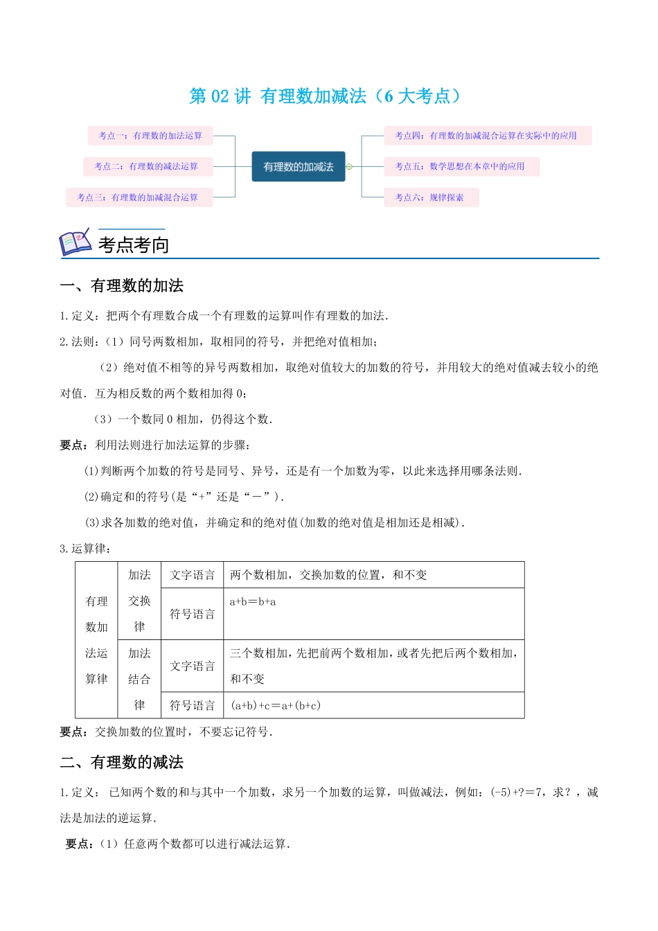 部编数学七年级上册第02讲有理数加减法6大考点解析版含答案.pdf_第1页