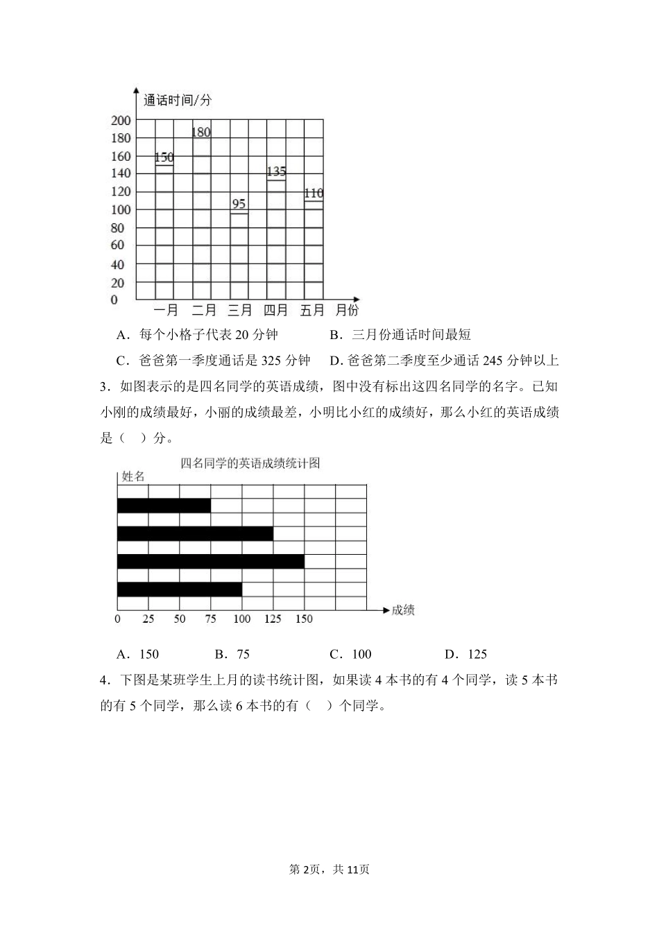 第7章 条形统计图 题型专练01-人教版数学四年级上册测试练习试卷含答案.pdf_第2页