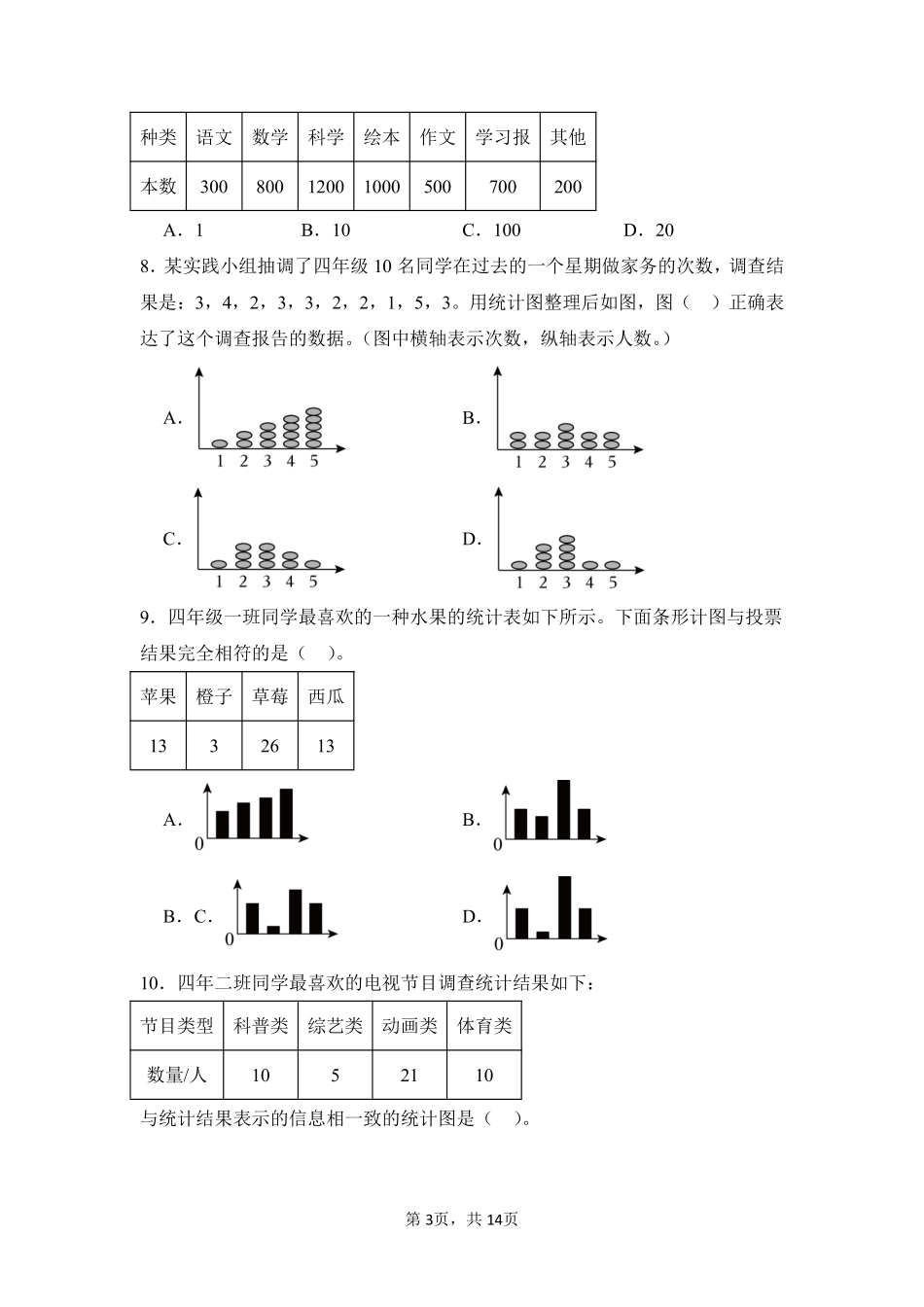 第7章条形统计图闯关必刷01-人教版数学四年级上册测试练习试卷含答案.pdf_第3页