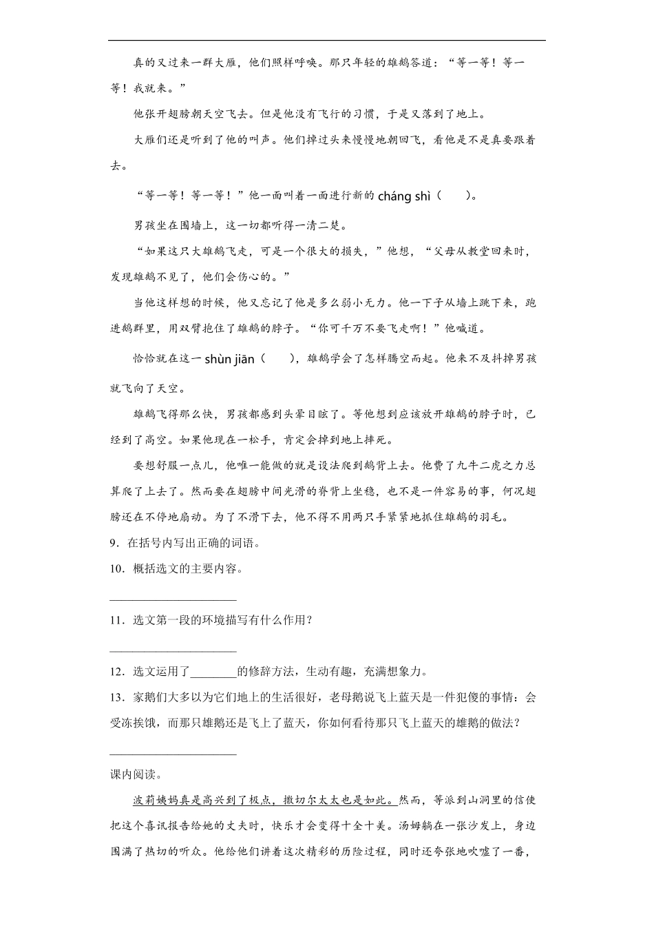 六年级下册语文部编版课时练骑鹅旅行记节选 -试卷配答案2.pdf_第3页