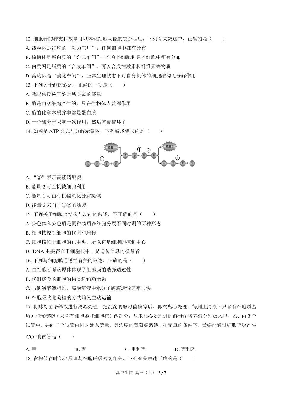 人教版2017课标高中生物高一年级上册期末测试试卷-含答案02.pdf_第3页