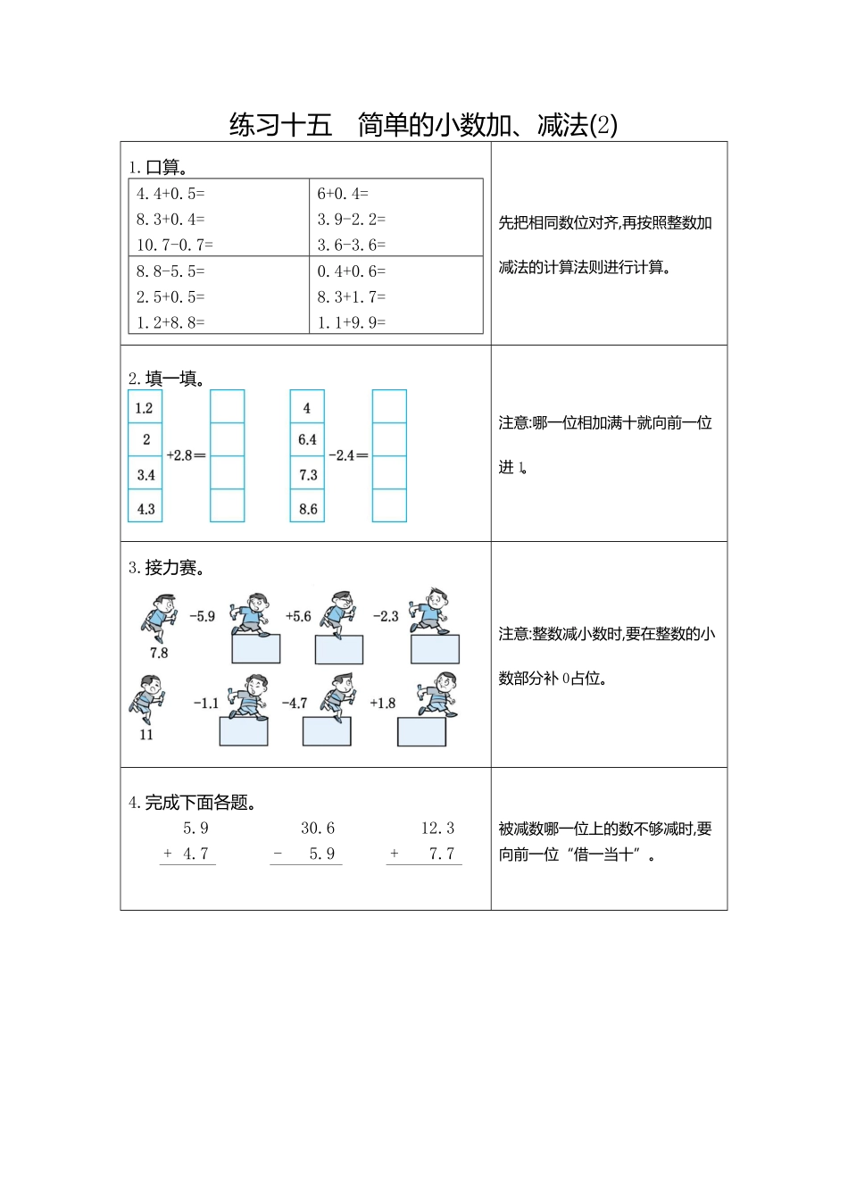 人教版三年级数学下册 期末复习15  练习十五  简单的小数加、减法2 含答案.pdf_第1页