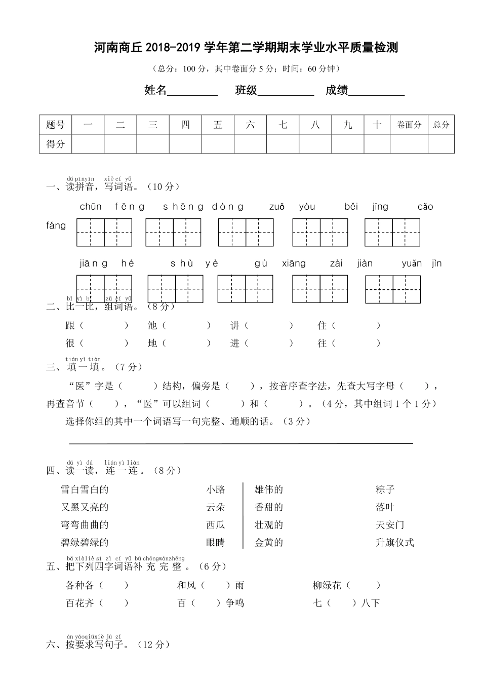 人教部编版小学一年级语文河南商丘第二学期期末学业水平质量检测含答案.pdf_第1页