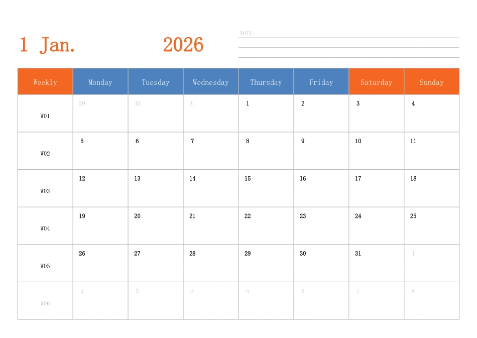 日历表2026年日历 英文版 横向排版 周一开始 带周数.pdf_第1页