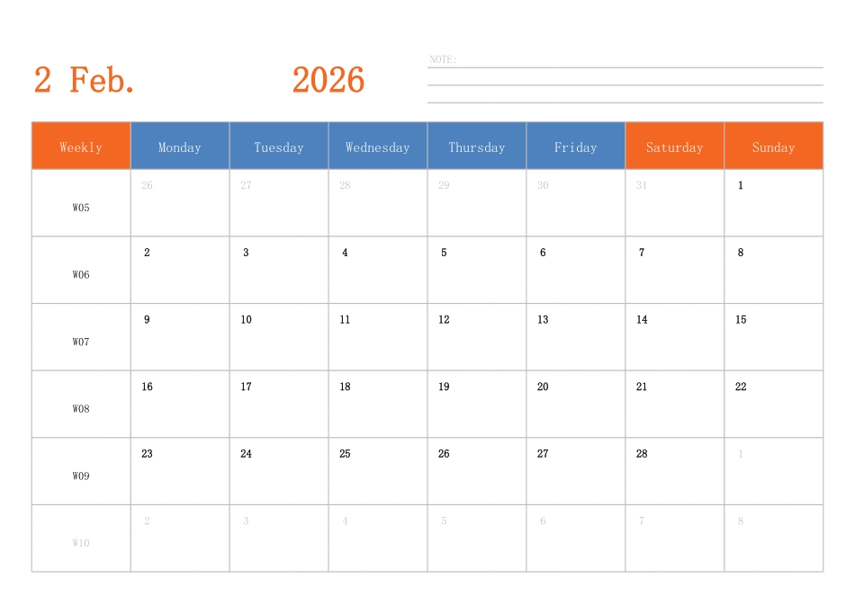 日历表2026年日历 英文版 横向排版 周一开始 带周数.pdf_第2页