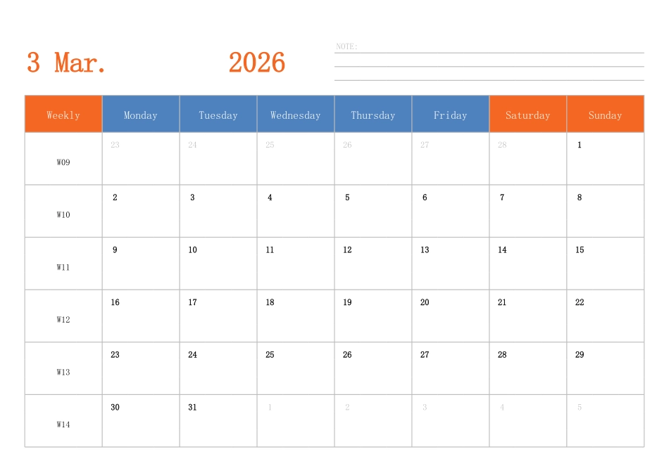 日历表2026年日历 英文版 横向排版 周一开始 带周数.pdf_第3页