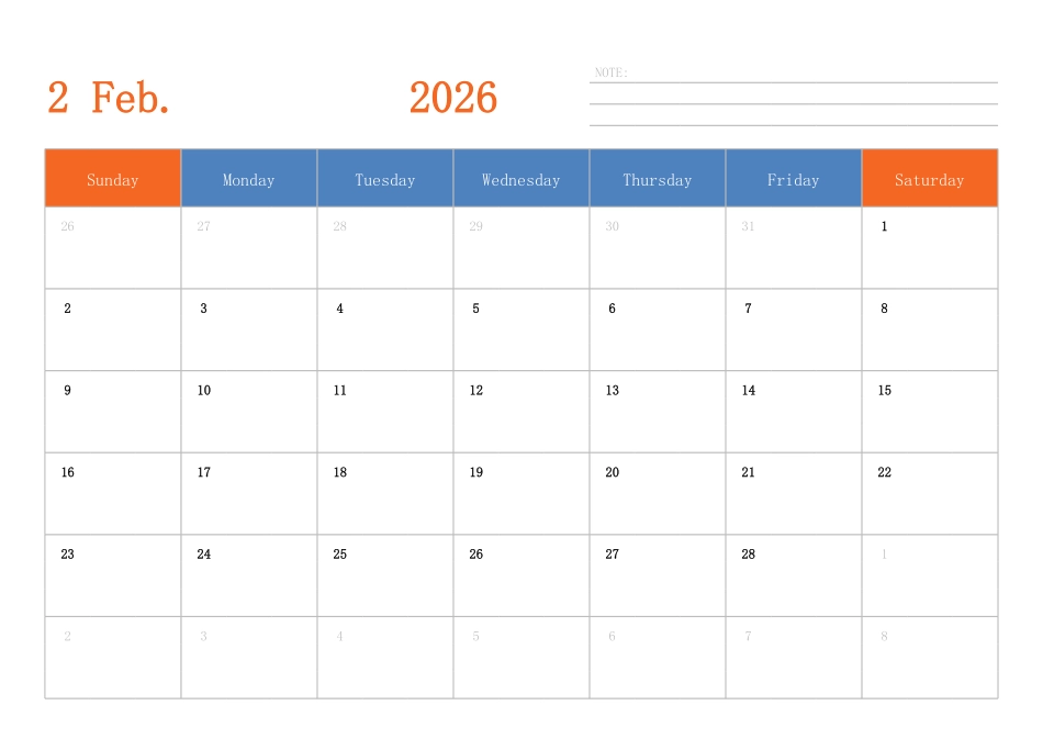日历表2026年日历英文版横向排版周日开始.pdf_第2页