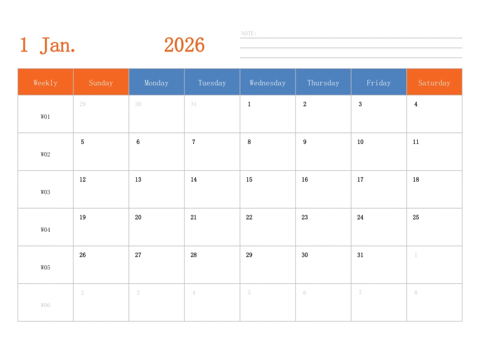 日历表2026年日历英文版横向排版周日开始带周数.pdf_第1页