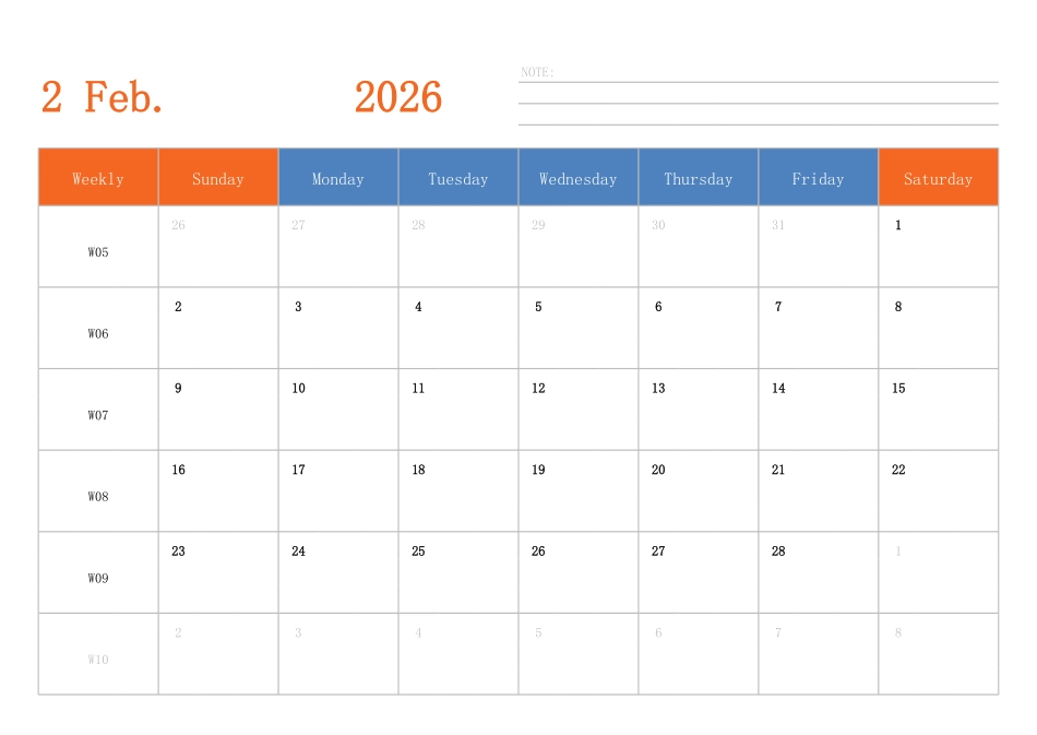 日历表2026年日历英文版横向排版周日开始带周数.pdf_第2页