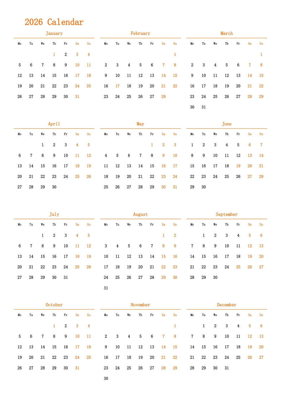 日历表2026年日历英文版纵向排版周一开始带节假日调休安排.pdf_第1页