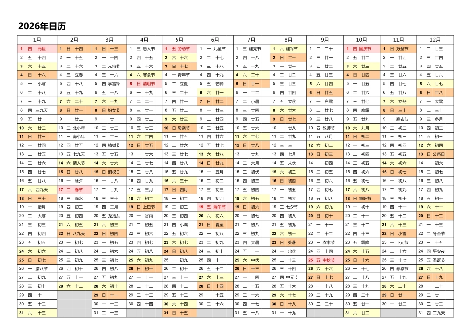 日历表2026年日历中文版带农历带节假日调休安排1.pdf_第1页
