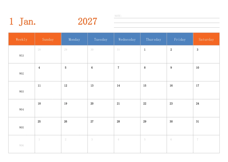 日历表2027年日历 英文版 横向排版 周日开始 带周数.pdf_第1页
