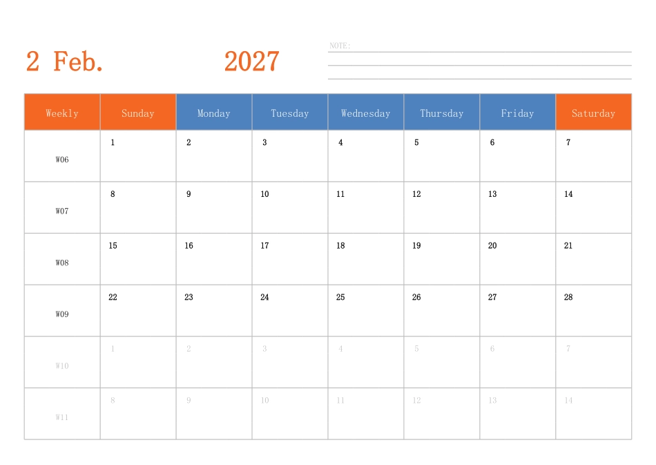 日历表2027年日历 英文版 横向排版 周日开始 带周数.pdf_第2页