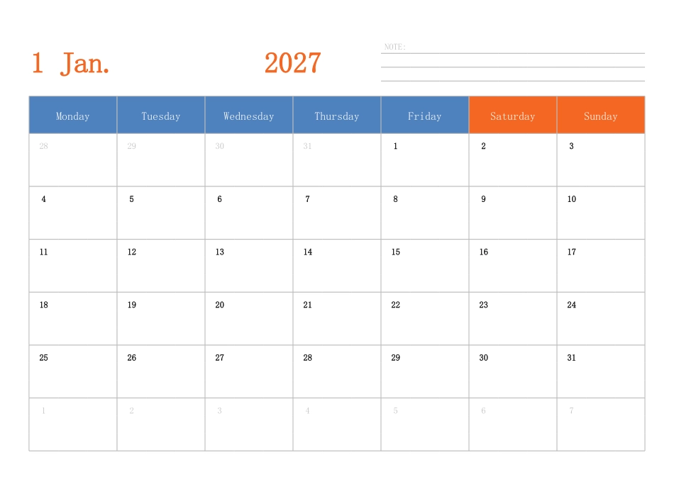 日历表2027年日历英文版横向排版周一开始.pdf_第1页
