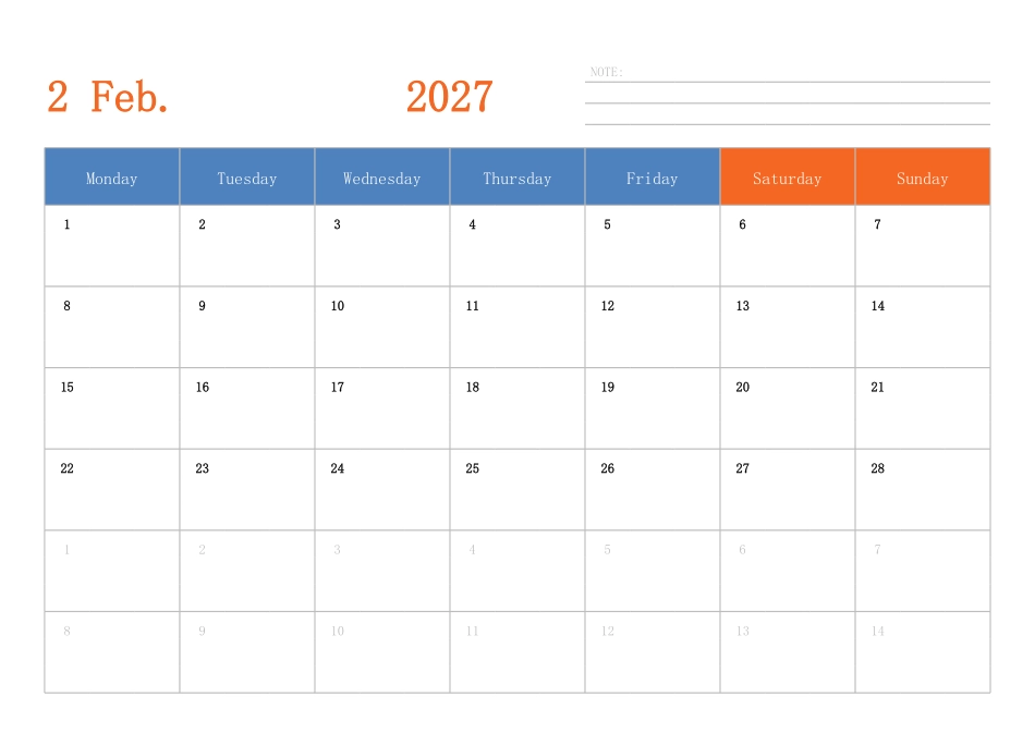 日历表2027年日历英文版横向排版周一开始.pdf_第2页
