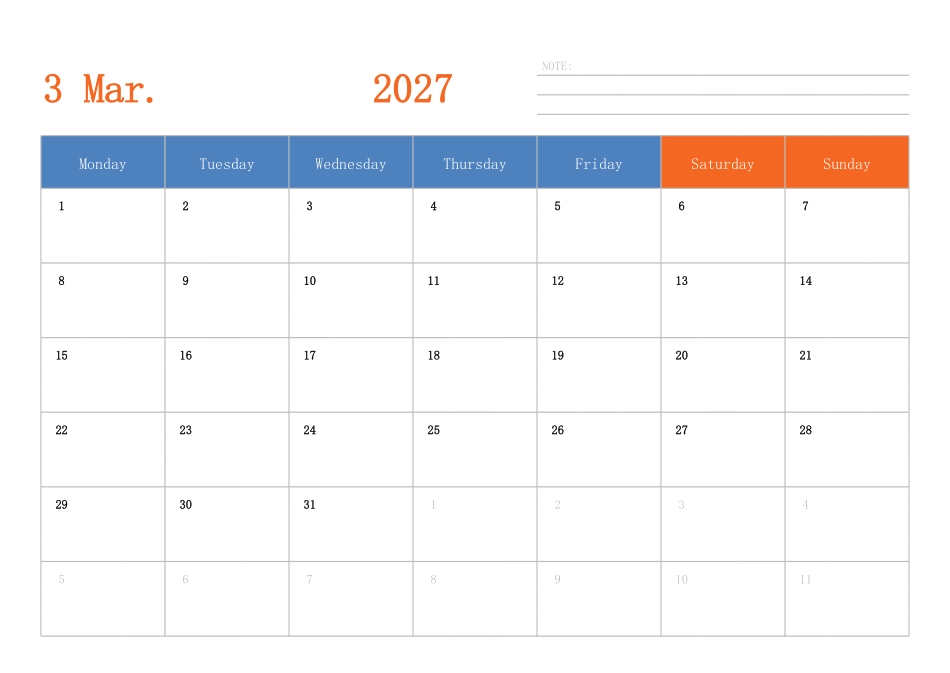 日历表2027年日历英文版横向排版周一开始.pdf_第3页
