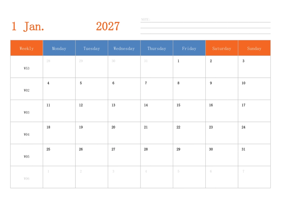 日历表2027年日历英文版横向排版周一开始带周数.pdf_第1页