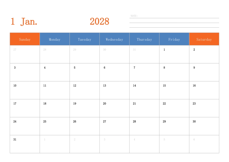 日历表2028年日历英文版横向排版周日开始.pdf_第1页