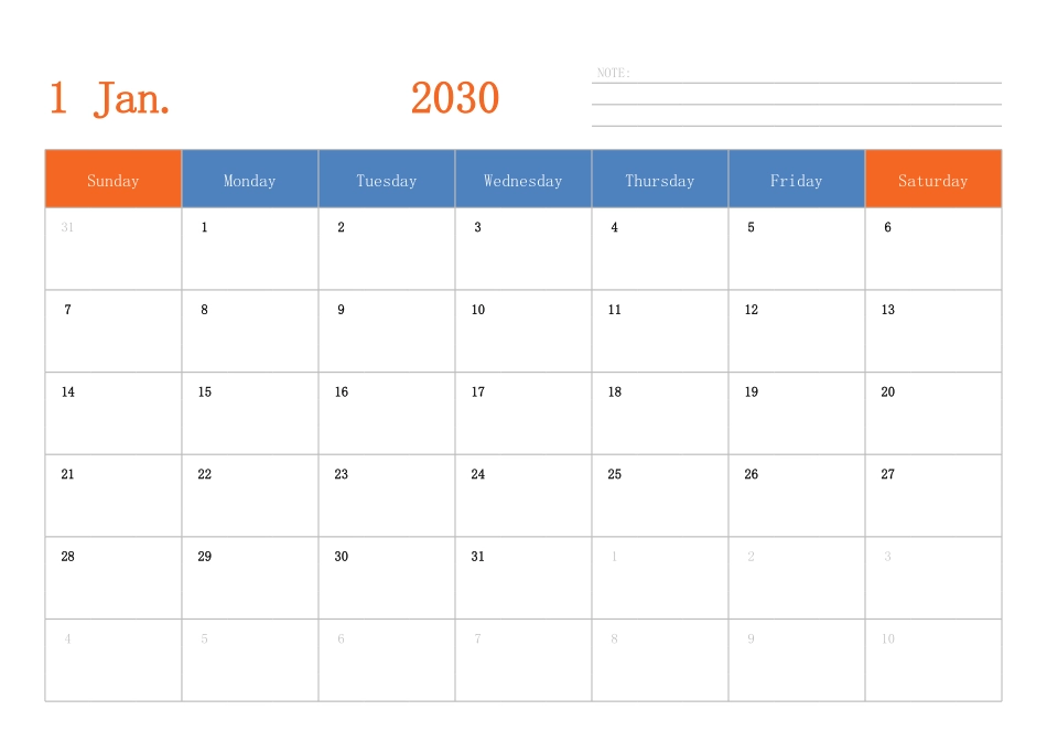 日历表2030年日历英文版横向排版周日开始.pdf_第1页