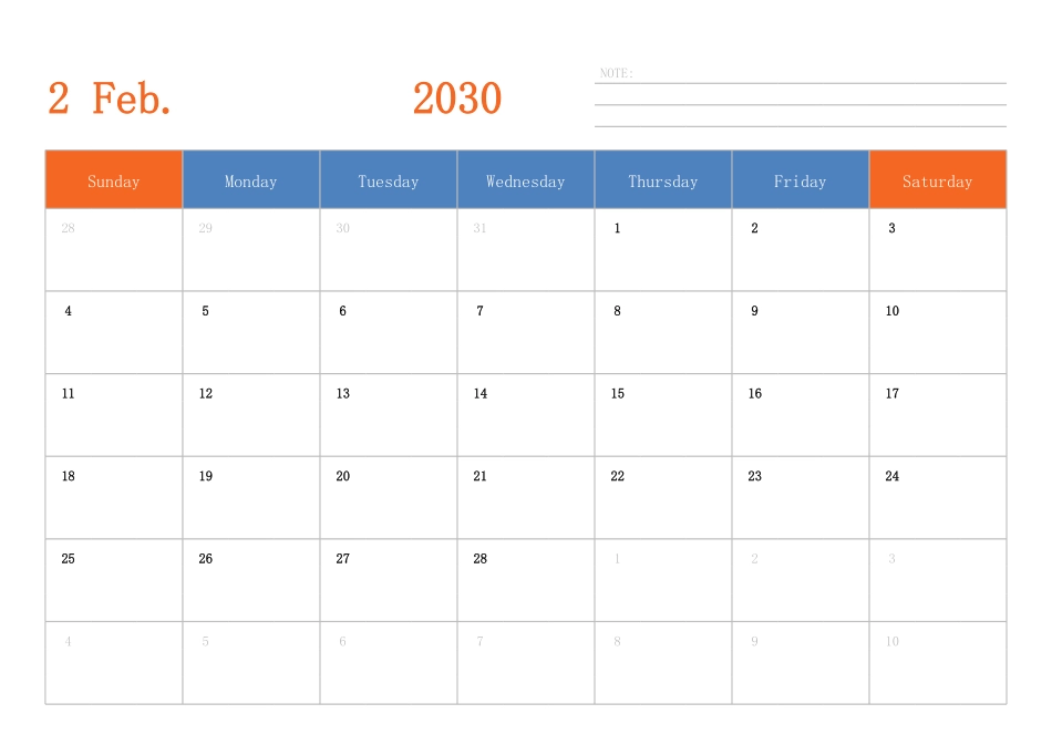 日历表2030年日历英文版横向排版周日开始.pdf_第2页