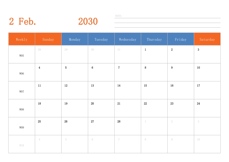 日历表2030年日历英文版横向排版周日开始带周数.pdf_第2页