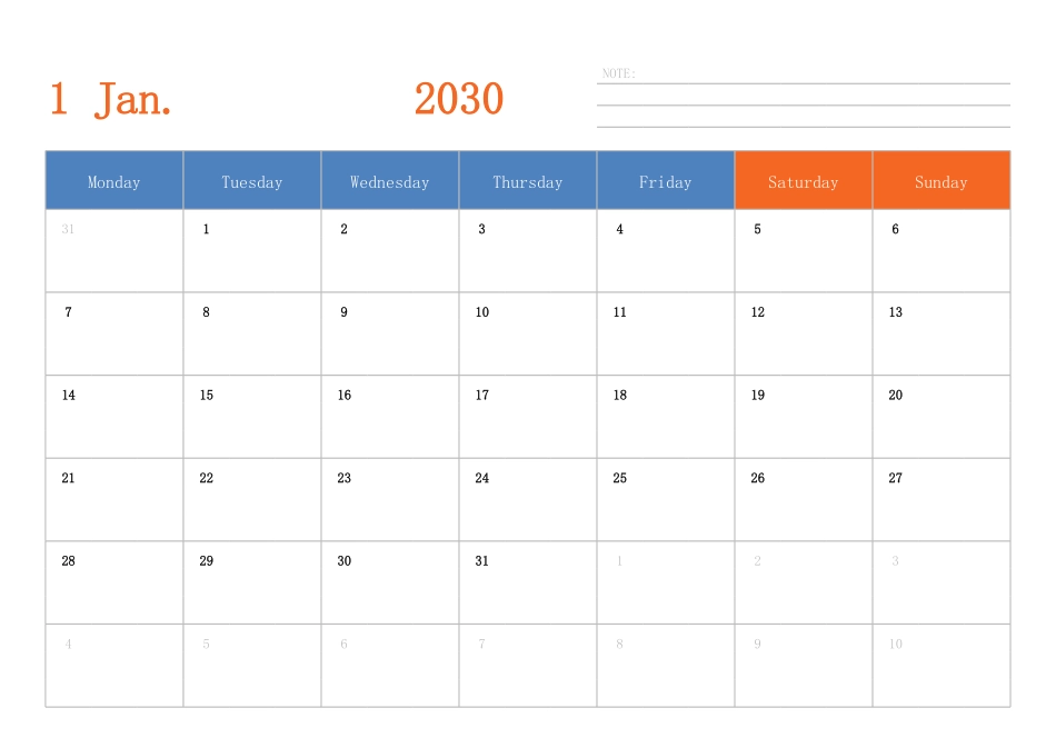 日历表2030年日历英文版横向排版周一开始.pdf_第1页
