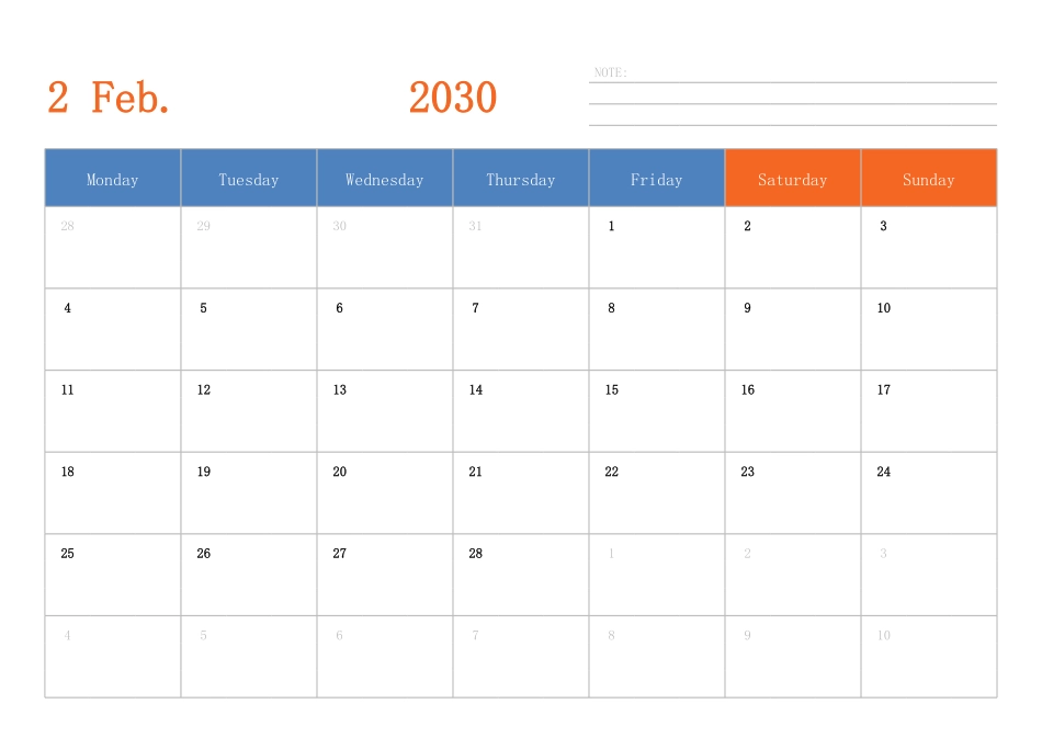 日历表2030年日历英文版横向排版周一开始.pdf_第2页