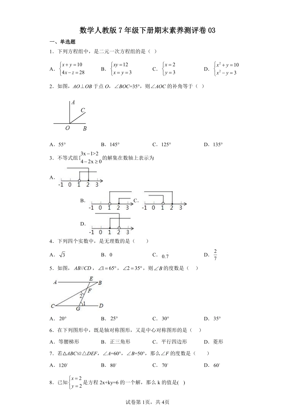数学人教版7年级下册期末素养测评卷03 (2)测试练习试卷含答案.pdf_第1页
