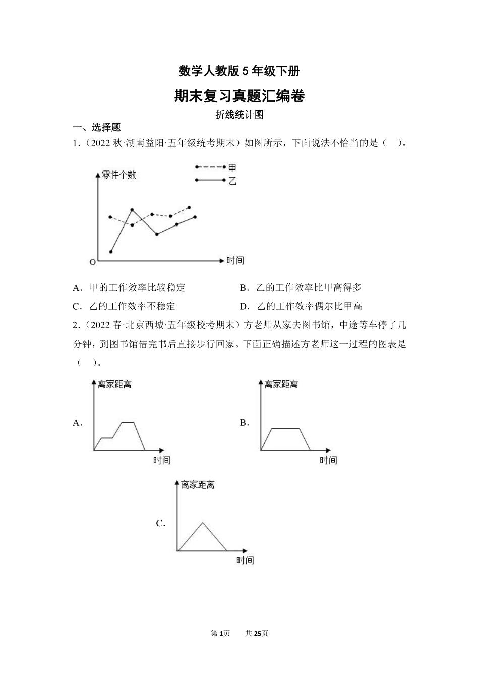 数学人教版五年级下册期末复习真题汇编卷07折线统计图测试练习试卷含答案.pdf_第1页