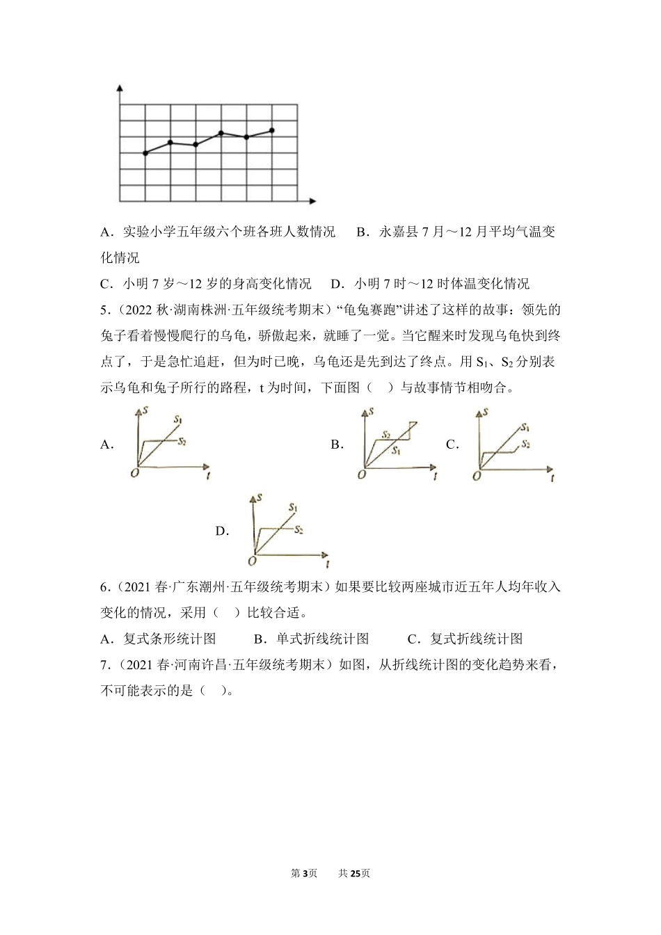 数学人教版五年级下册期末复习真题汇编卷07折线统计图测试练习试卷含答案.pdf_第3页