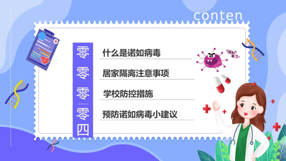 蓝色卡通医生背景的“今日科普”预防诺如病毒主题班会模板.pptx_第3页